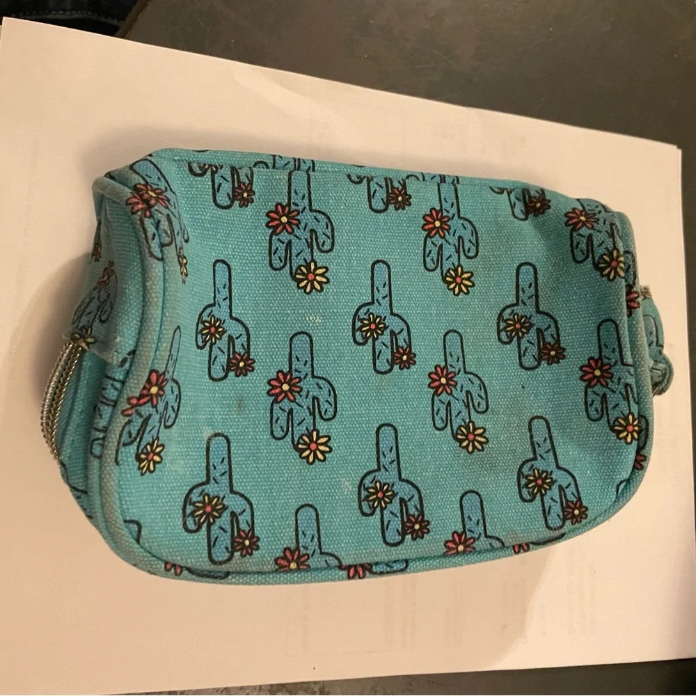 Turquoise Cactus Print Canvas makeup/cosmetic bag makeup, toiletries electronics